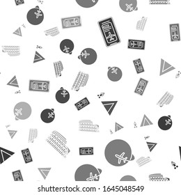 Set Smartphone with electronic boarding pass airline ticket, Globe with flying plane, Tourist tent with wood fire and Coliseum in Rome, Italy on seamless pattern. Vector
