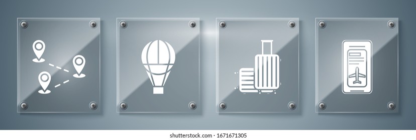 Set Smartphone with electronic boarding pass airline ticket, Suitcase for travel, Hot air balloon and Route location. Square glass panels. Vector