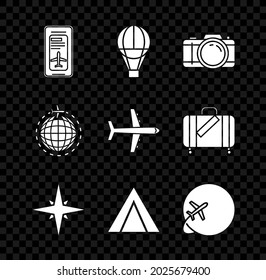 Set Smartphone with electronic boarding pass airline ticket, Hot balloon, Photo camera, Wind rose, Tourist tent, Globe flying plane,  and Plane icon. Vector