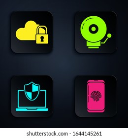 Set Smartphone with fingerprint scanner , Cloud computing lock , Laptop protected with shield and Ringing alarm bell . Black square button. Vector
