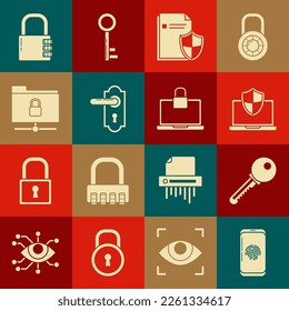 Set Smartphone with fingerprint scanner, Key, Laptop protected shield, Document protection concept, Door handle, FTP folder lock, Safe combination and icon. Vector