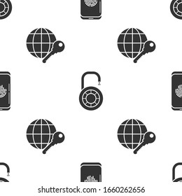 Set Smartphone with fingerprint scanner , Safe combination lock wheel  and Globe key  on seamless pattern. Vector