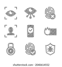 Establece Smartphone, huellas dactilares, fallos del sistema, cortafuegos, muro de seguridad, bloqueo de combinación de seguridad, reconocimiento facial, huella digital cancelada e icono de exploración ocular. Vector
