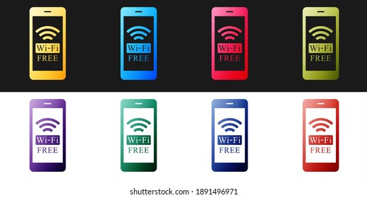 Establezca Smartphone con un icono de conexión inalámbrica wi-fi gratuito aislado en fondo blanco y negro. Tecnología inalámbrica, red inalámbrica, concepto de hotspot. Vector.