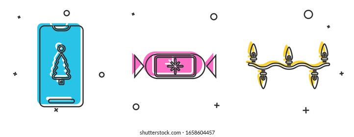Set Smartphone with gift box, Candy and Christmas lights icon. Vector