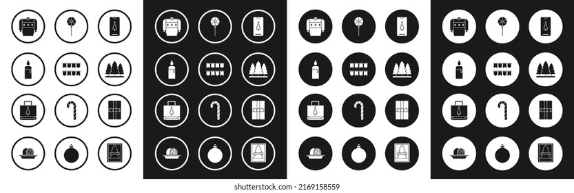 Set Smartphone with gift box, Carnival garland flags, Burning candle in candlestick, Christmas sweater, trees, Lollipop, Gift and paper shopping bag icon. Vector