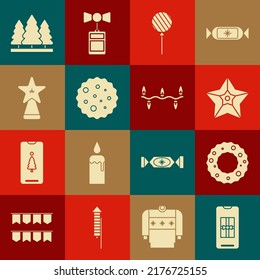 Establece Smartphone con caja de regalo, corona de Navidad, estrella, Lollipop, chocolate de galletas o galletas, árboles e icono de luces. Vector