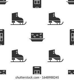 Set Smartphone with gift box, Nougat with nuts and Figure skates on seamless pattern. Vector