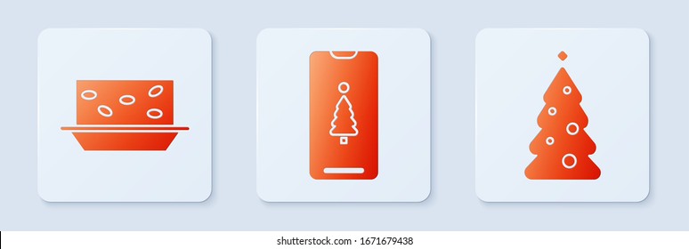 Ajuste Smartphone con caja de regalo, Nougat con nueces y árbol de Navidad con decoraciones. Botón cuadrado blanco. Vector