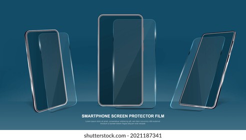 Set of smartphone glass screen protectors on dark blue background. Smartphone with transparent plastic protection against damage and scratches. Flat cartoon vector illustration