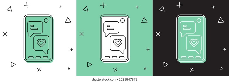 Set Smartphone with heart emoji speech bubble get message on screen icon isolated on white and green, black background. Valentines day.  Vector