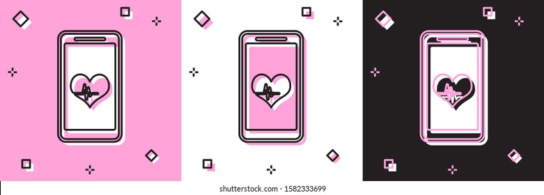 Set Smartphone with heart rate monitor function icon isolated on pink and white, black background.  Vector Illustration