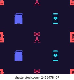 Stellen Sie Smartphone mit Herzfrequenz, STANDARDAUFLÖSUNG, Antenne und Mikrospeicher auf ein nahtloses Muster ein. Vektorgrafik