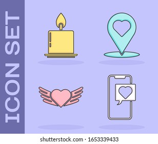 Set Smartphone with heart speech bubble, Burning candle, Heart with wings and Map pointer with heart icon. Vector