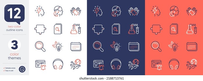 Set of Smartphone holding, Eco energy and Calendar line icons. Include Brainstorming, Insomnia, International flight icons. Chemistry lab, Puzzle, Internet notification web elements. Vector