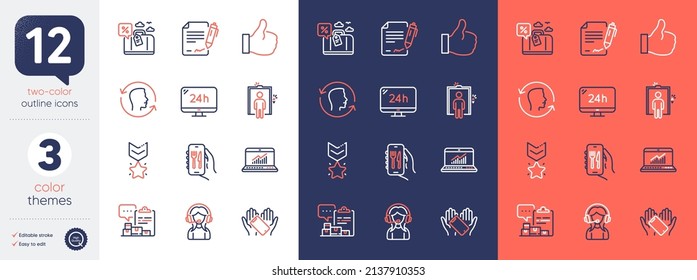 Set of Smartphone holding, Face id and Like line icons. Include Signing document, Elevator, Travel loan icons. Winner medal, Support, 24h service web elements. Online statistics. Vector