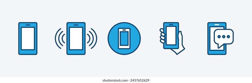 Conjunto de icono de smartphone. Con vibración o timbre de teléfono móvil, gadget, celular, teléfono celular de mano, botón de mensaje. Ilustración de vector