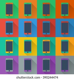 Set of smartphone icons with gray touch screen on the colored background, flat design, empty screen, web design, vector, eps 10