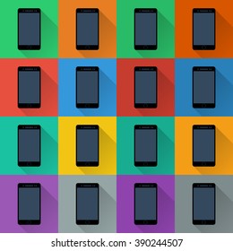 Set of smartphone icons with gray touch screen on the colored background, flat design, empty screen, web design, vector, eps 10