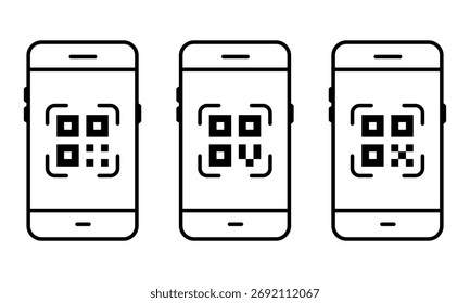 Set of smartphone icons with QR code on screen. Mobile phone vector illustration for scanning, payment, business, app interface, technology, and digital transaction design. Minimal black outline style
