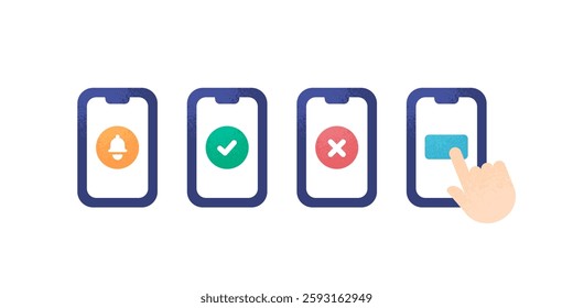 Set of smartphone icons representing taps, logins and notifications. Simple and stylish vector design.