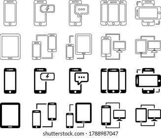 conjunto de iconos y pestañas de Smartphone con 2 estilos de línea y gluph.