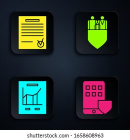 Set Smartphone insurance, Confirmed document and check mark, Document with graph chart and Family insurance with shield. Black square button. Vector