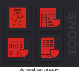 Set Smartphone insurance, Document with graph chart, Shopping building with shield and Medical hospital building with shield icon. Vector