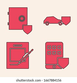 Set Smartphone insurance, Safe with shield, Car with shield and Blank notebook and pen icon. Vector