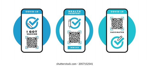 Set smartphone with interface health passport, mobile app for travel and control vaccinated. Electronic Covid-19 passport with QR code on smartphone screen. Vector illustration.