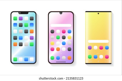 Set of Smartphone Isolated 3D Mockup Gradient Home Screen Application 