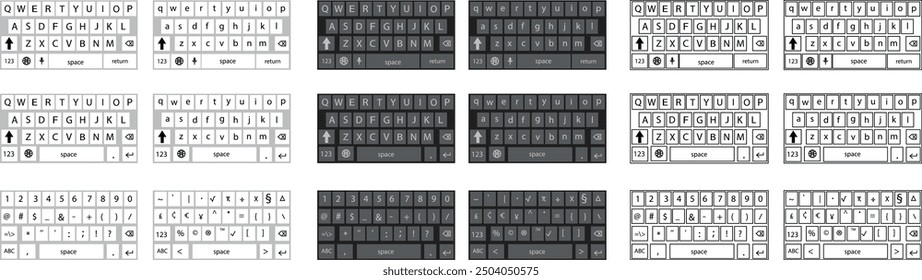 Set of smartphone keyboard in light, dark mode, keypad alphabet, numeral buttons in trendy modern flat, line style, mobile phone tab concepts for white, black color text app on transparent background.