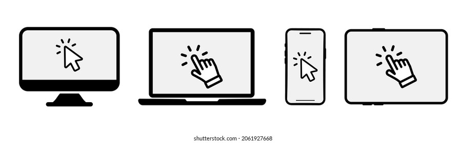 Set of smartphone, laptop, computer, tablet icons with click here button. Click on the devices. Device icons with click cursor. Touch here for link to websites. Arrow with touch button. Touch, click