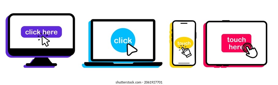 Conjunto de smartphones, laptops, computadoras, íconos de tablet con el botón de hacer clic aquí. Haga clic en los dispositivos. Iconos de dispositivo con el cursor de clic. Pulse aquí para ver el enlace a los sitios web. Flecha con botón táctil. Pulse