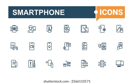 Set of Smartphone line icons. Contains related to assist, old, application, service, support, play, cell and more. Outline icon. Solid line editable stroke. Vector line and solid icons.