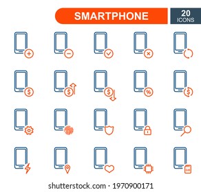 Set of Smartphone Line Icons. Mobile Phone repair service, sale, loan, renovation and update system line icons. Cell Phone Linear Icons. Editable Stroke. Vector illustration.
