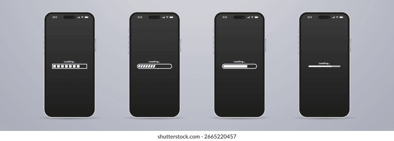 Conjunto de telas de carregamento de Smartphone com diferentes barras de progresso horizontal no fundo escuro
