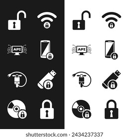 Set Smartphone with lock, Computer api interface, Open padlock, Wifi locked, Electric scooter and USB flash drive icon. Vector