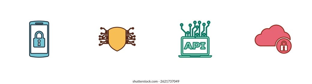 Set Smartphone mit Schloss, Cyber-Sicherheit, Computer-API-Schnittstelle und Cloud-Computing-Symbol. Vektorgrafik