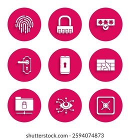 Set Smartphone with lock, Eye scan, Safe, Firewall, security wall, FTP folder and, Door handle, Password protection safety access and Fingerprint icon. Vector