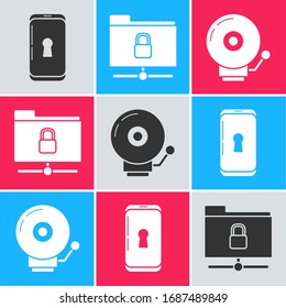 Set Smartphone with lock , FTP folder and lock  and Ringing alarm bell  icon. Vector