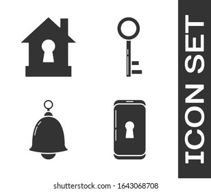 Set Smartphone with lock , House under protection , Ringing bell  and Key  icon. Vector