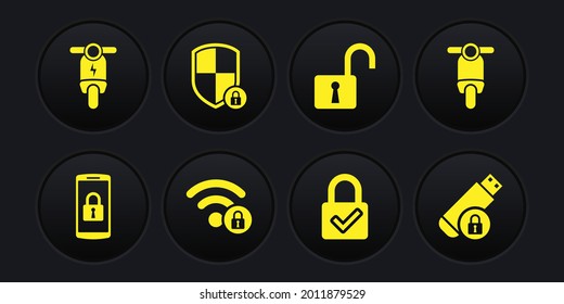 Smartphone mit Schloss, Scooter, WiFi abgeschlossen, Sperren und Häkchen, Padlock öffnen und Schild-Sicherheitssymbol. Vektorgrafik