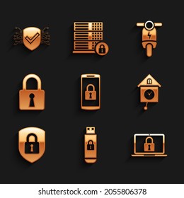 Set Smartphone with lock, USB flash drive, Laptop and, Retro wall watch, Shield security and Lock icon. Vector