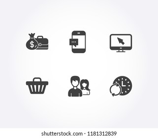 Set of Smartphone message, Couple and Shop cart icons. Salary, Internet and Update time signs. Cellphone chat, Male and female, Web buying. Diplomat with money bag, Monitor with cursor, Refresh clock