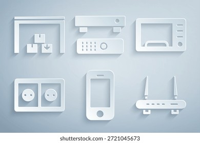 Smartphone, horno de microondas, toma de corriente eléctrica, router y señal wi-fi, caja de TV multimedia e icono de almacén. Vector