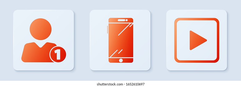 Set Smartphone, mobile phone, Add to friend and Play in square. White square button. Vector