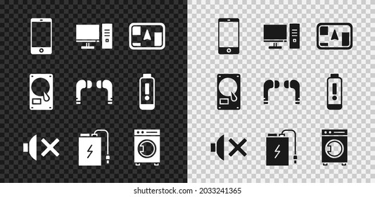 Set Smartphone, mobile phone, Computer monitor, Gps device with map, Speaker mute, Power bank charge cable, Washer, Hard disk drive HDD and Air headphones icon. Vector
