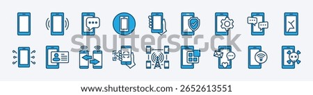 Set of smartphone, mobile phone device, cellular contact icon. Contains ringing, message, security protection, settings, chat, technology, data transfer, network, app, social media, scan, broken