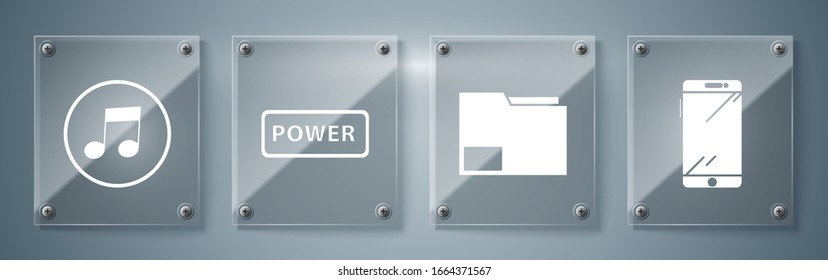 Set Smartphone, mobile phone, Document folder, Power button and Music note, tone. Square glass panels. Vector